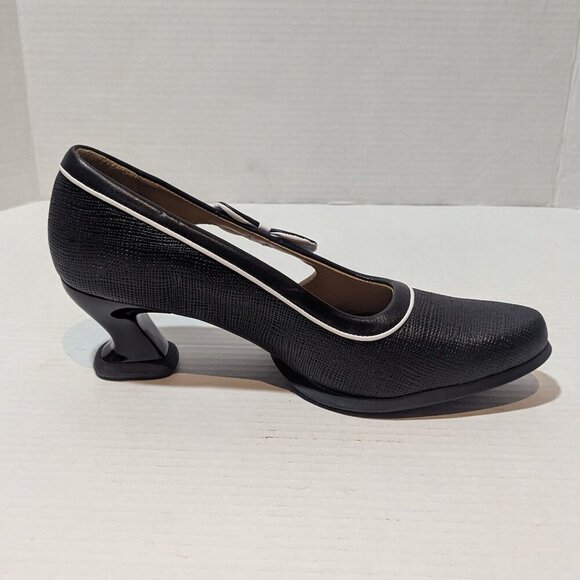 John Fluevog Sole Talk Black white Anodea Heels Side Bow 10 New And Unworn - Picture 7 of 10